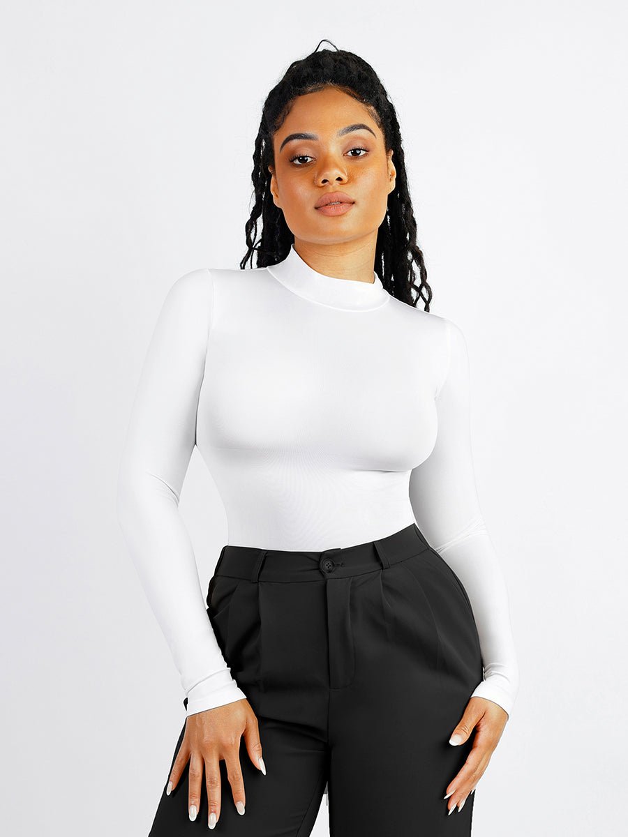 Rosina - Eco - friendly Seamless Thong Bodysuit with Long Sleeves & Turtle Neck - Bella Fit USWhiteXS/S