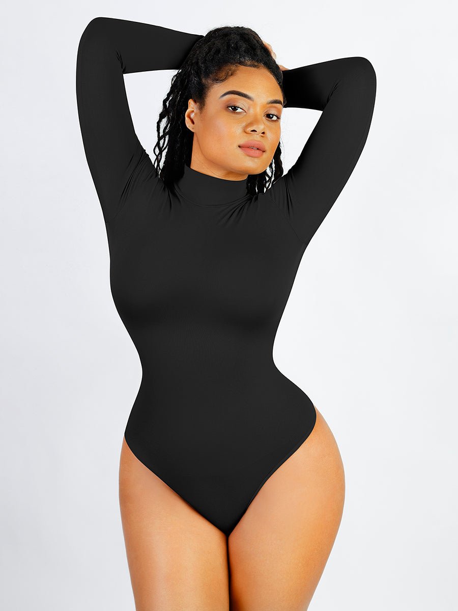 Rosina - Eco - friendly Seamless Thong Bodysuit with Long Sleeves & Turtle Neck - Bella Fit USGreyXS/S